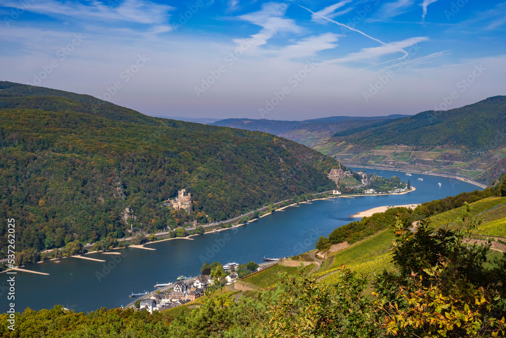 View down into the valley with the Rhine near Assmannshausen/Germany in autumn