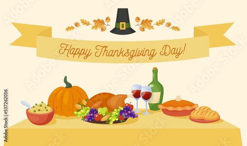 Table with Thanksgiving Day dinner. Thanksgiving design for card, poster, banner, postcard, print. Traditional autumnal holiday meal. Cartoon style vector illustration.