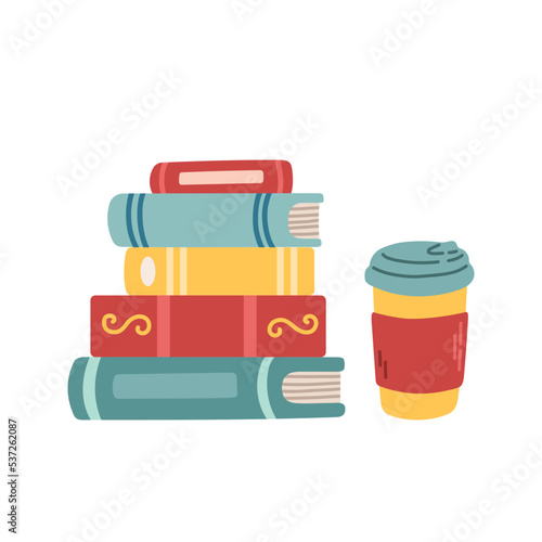 Books, cup coffee or tea on white background vector. Design for greeting card, sale or promotional poster
