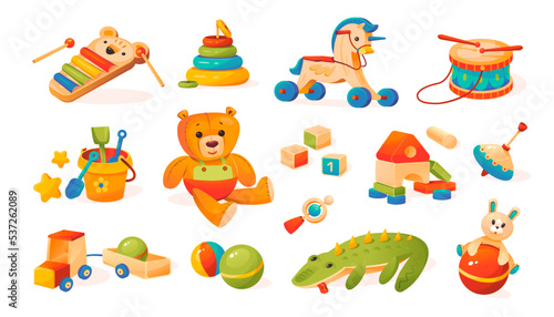 Children's toys collection. Teddy bear, ball, cubes, wooden toys. Cartoon style