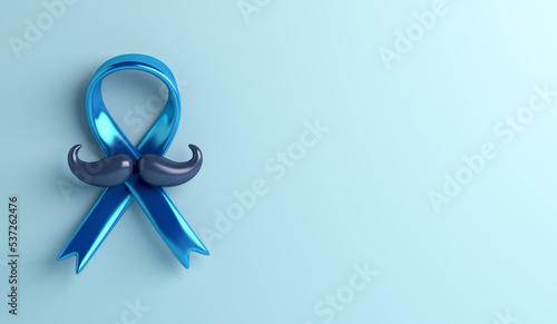 Prostate cancer awareness month with ribbon, mustache on blue background, copy space text, 3d rendering illustration photo