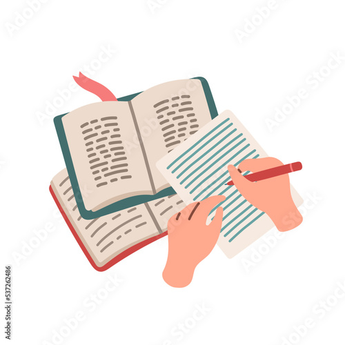 Top view of hands are writing in a notebook at the table with opened books. Studying, doing homework. Flat design vector