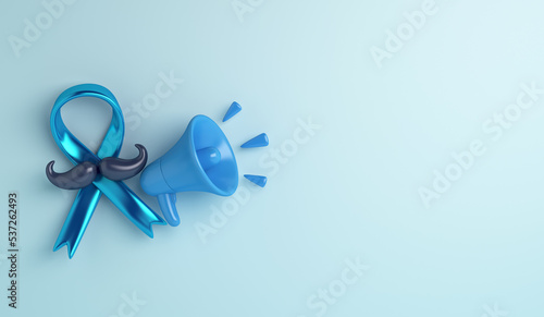 Prostate cancer awareness month with ribbon, mustache, megaphone on blue background, copy space text, 3d rendering illustration photo