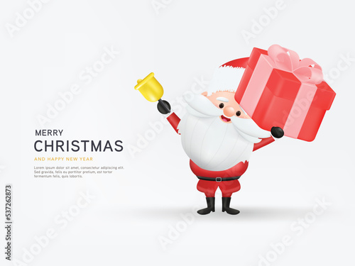 Merry christmas and Happy New Year. Santa Claus character isolated 3d vector with a red gift box, christmas tree and decoration. Winter holiday composition. Greeting card, banner, web poster