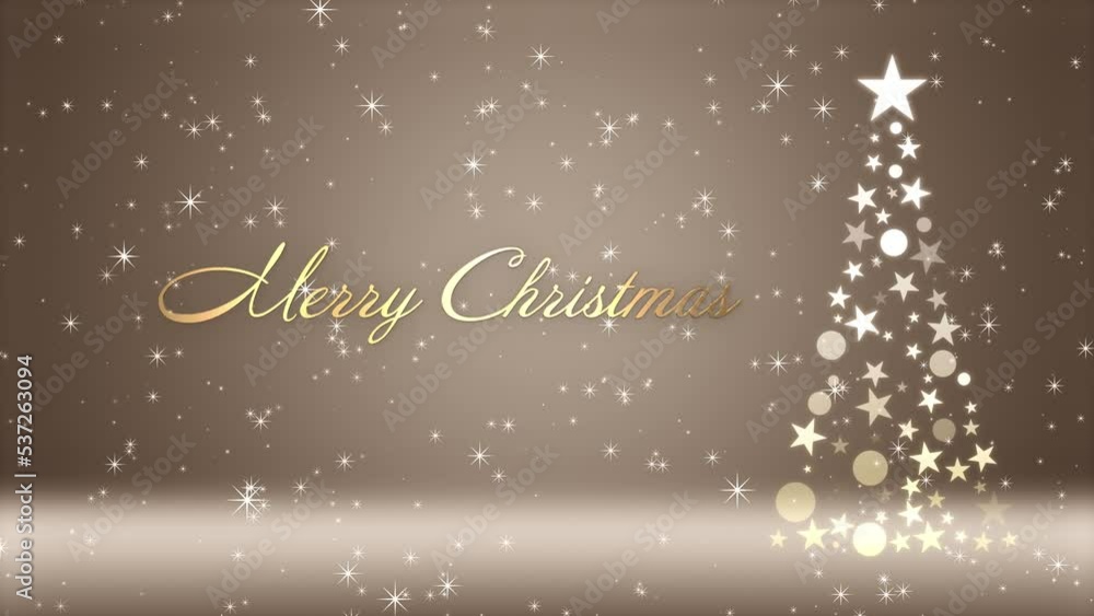 クリスマスツリーと色のついた背景にキラキラが舞い、クリスマスの文字が浮かび上がる クリスマスツリーと色のついた背景にキラキラが舞い、クリスマスの文字が浮かび上がる