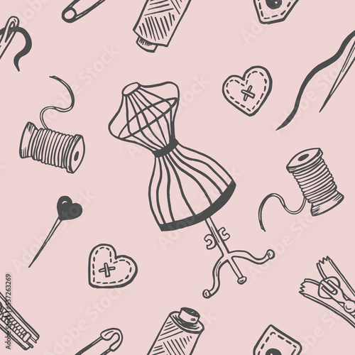 Seamless pattern with sewing tools linear icons scattered on pink background. Outline seamstress supplies for tailoring and needlework. Handmade kids clothes wrapping paper design.