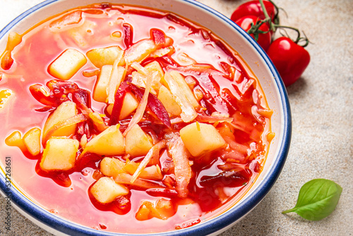 borsch red vegetable soup beetroot, cabbage, tomato, onion healthy meal food snack on the table copy space food background 