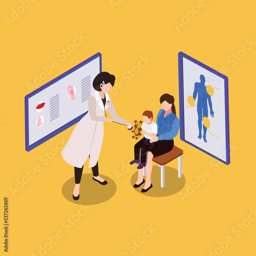 Pediatrician examines sick kid with stethoscope isometric 3d vector illustration concept for banner, website, illustration, landing page, flyer, etc.
