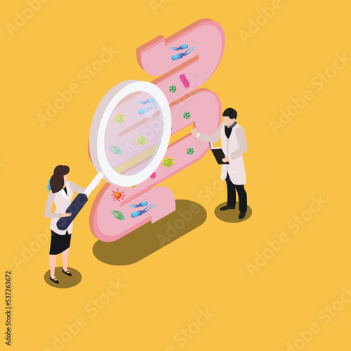 Scientists looking at intestines with magnifying glass isometric 3d vector illustration concept for banner, website, illustration, landing page, flyer, etc.
