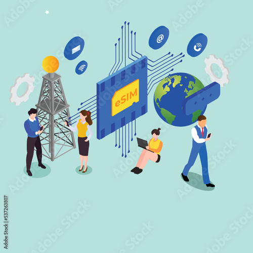 Young people use modern mobile phone with eSIM card chip isometric 3d vector illustration concept for banner, website, illustration, landing page, flyer, etc.