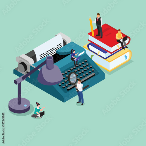 Authors or journalist write essay or article on typewriter isometric 3d vector illustration concept for banner, website, illustration, landing page, flyer, etc.