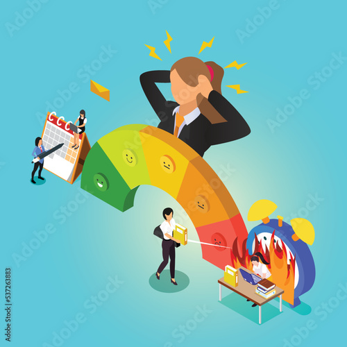 Work deadline with stress meter isometric 3d vector illustration concept for banner, website, illustration, landing page, flyer, etc.