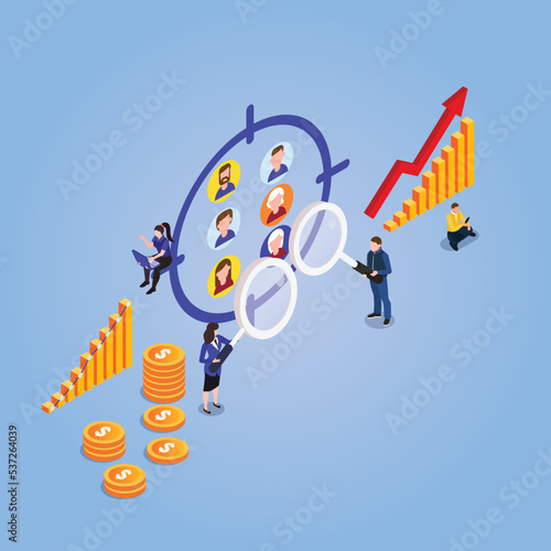 Market research concept. Hands with magnifying glasses aimed at different groups of people isometric 3d vector illustration concept for banner, website, illustration, landing page, flyer, etc.