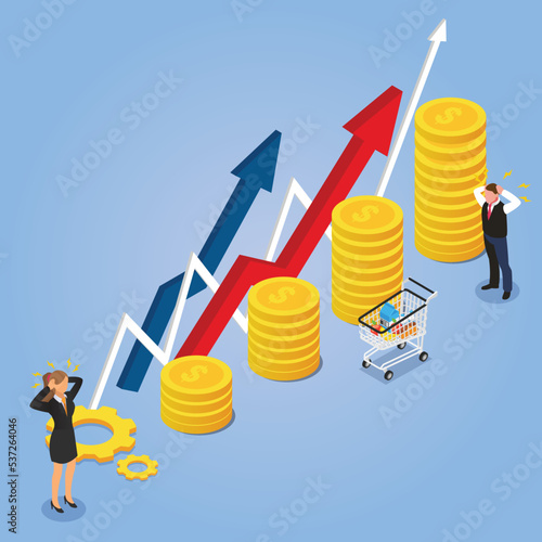 Expensive and increase food prices isometric 3d vector illustration concept for banner, website, illustration, landing page, flyer, etc.