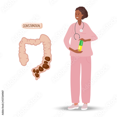 Doctor showing cure for constipation. Intestine with constipation internal organs digestive system. Abdominal pain. Vector illustration isolated on white background for medical and pharmaceutical use.
