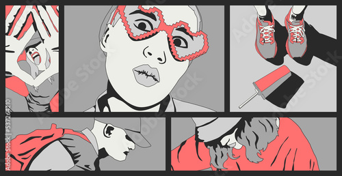 Fashion minimal illustration. Stylish comic collage set. Girl and abstract design art