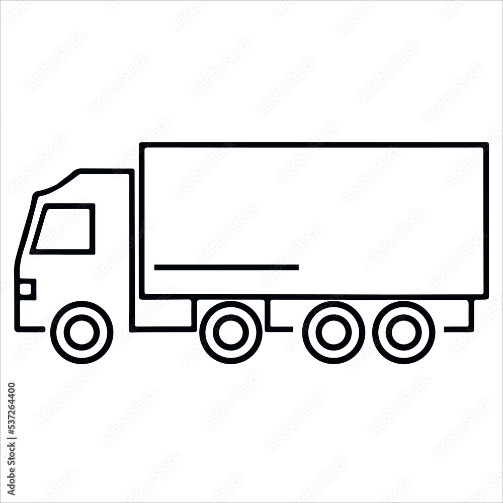 Pictogram of truck. Icon of transportation. Shipping transport illustration. Vehicle logistic commercial business. Black outline vector isolates logo on white background. Car symbol. Cargo automobile Pictogram of truck. Icon of transportation. Shipping transport illustration. Vehicle logistic commercial business. Black outline vector isolates logo on white background. Car symbol. Cargo automobile