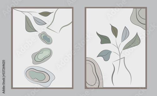 Set of vector posters for interior design. Minimalism. Drawing of leaves, stones, jug. Print, poster, cover.