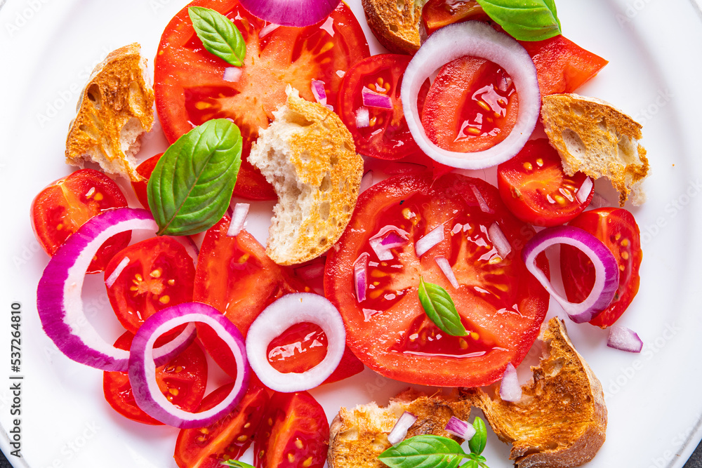 tomato salad panzanella dried bread, onion vegetablehealthy meal food snack diet on the table copy space food background  