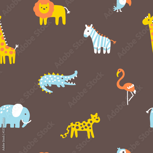 Tropical jungle seamless pattern. Cute wild animals in a simple hand-drawn Scandinavian doodle style. Nursery pastel palette is ideal for printing baby clothes, fabrics. Vector cartoon background.