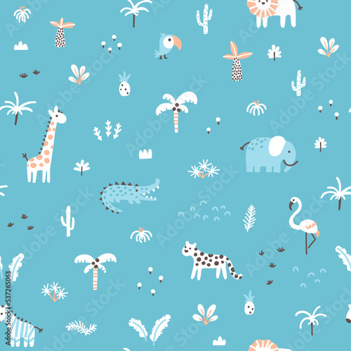 Tropical jungle seamless pattern. Cute wild animals in a simple hand-drawn Scandinavian doodle style. Nursery pastel palette is ideal for printing baby clothes, fabrics. Vector cartoon background
