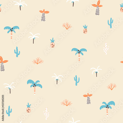 Tropical seamless minimalistic pattern with different plants. Cute cartoon characters on a beige background. Hand-drawn illustrations in Scandinavian style. Ideal for baby test, clothing, wallpaper.