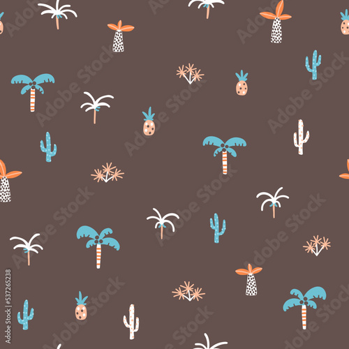Tropical seamless minimalistic pattern with different plants. Cute cartoon characters on a brown background. Hand-drawn illustrations in Scandinavian style. Ideal for baby test, clothing, wallpaper.