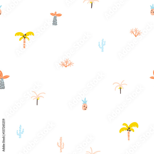 Tropical seamless minimalistic pattern with different plants. Cute cartoon characters on a white background. Hand-drawn illustrations in Scandinavian style. Ideal for baby test  clothing  wallpaper.