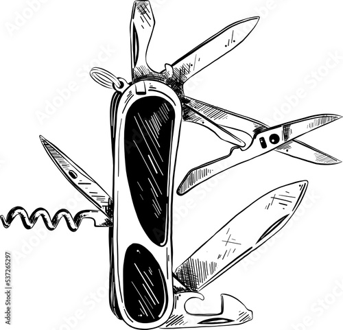 PNG engraved style illustration for posters, decoration and print. Hand drawn sketch of jack knife in black isolated on white background. Detailed vintage etching style drawing.	
