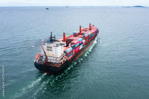 Container ship transporting cargo logistic to import export goods internationally around the world, including Asia Pacific and Europe, business and industry service of goods logistic transportation 