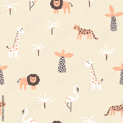 Tropical jungle seamless pattern. Cute wild animals in a simple hand-drawn Scandinavian doodle style. Nursery pastel palette is ideal for printing baby clothes, fabrics. Vector cartoon background.