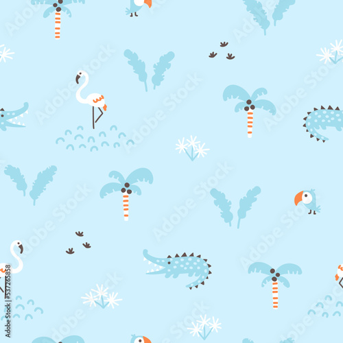 Tropical jungle seamless pattern. Cute wild animals in a simple hand-drawn Scandinavian doodle style. Nursery pastel palette is ideal for printing baby clothes, fabrics. Vector cartoon background.