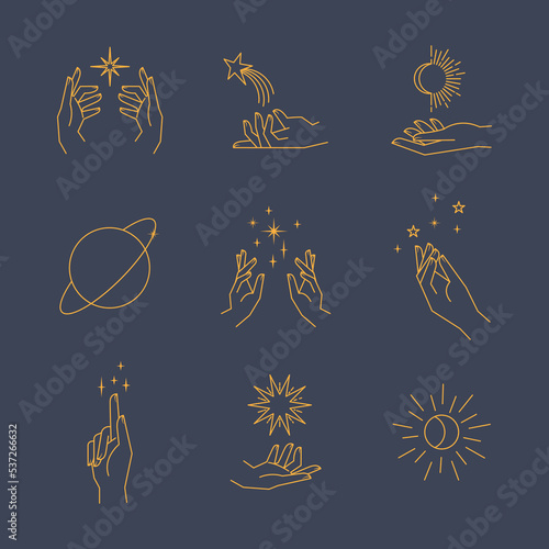 Aesthetic hands and cosmic and celestial elements. Universal cosmos related icons. Linear vector illustrations. Magic and Witchcraft symbology.