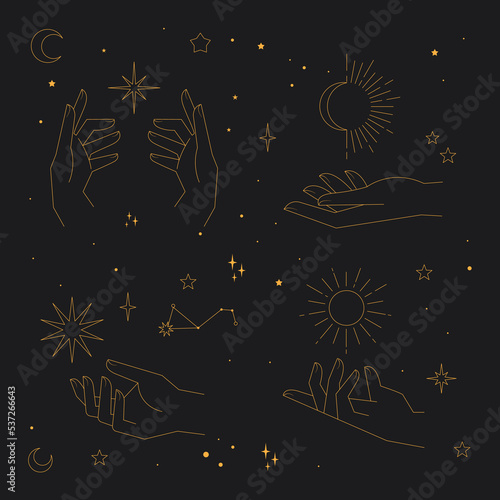 Astrology and esoteric elements, human hands with stars in boho style. Spirituality and magic symbols.