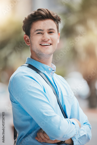 Businessman, smile and portrait with vision, city and job in marketing company. Man, professional and happiness on face for business, work or success in career working in advertising in Rome