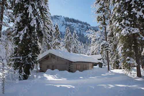 wooden cabin with snowbound roof in wintry forest Kreuth bavaria
