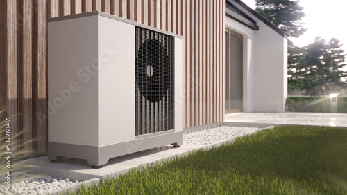Fotografie, Obraz Air heat pump beside house, 3D illustration