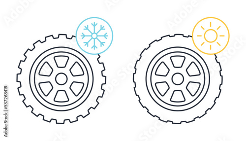 Car wheels with winter and summer tires line icons. Tires illustration
