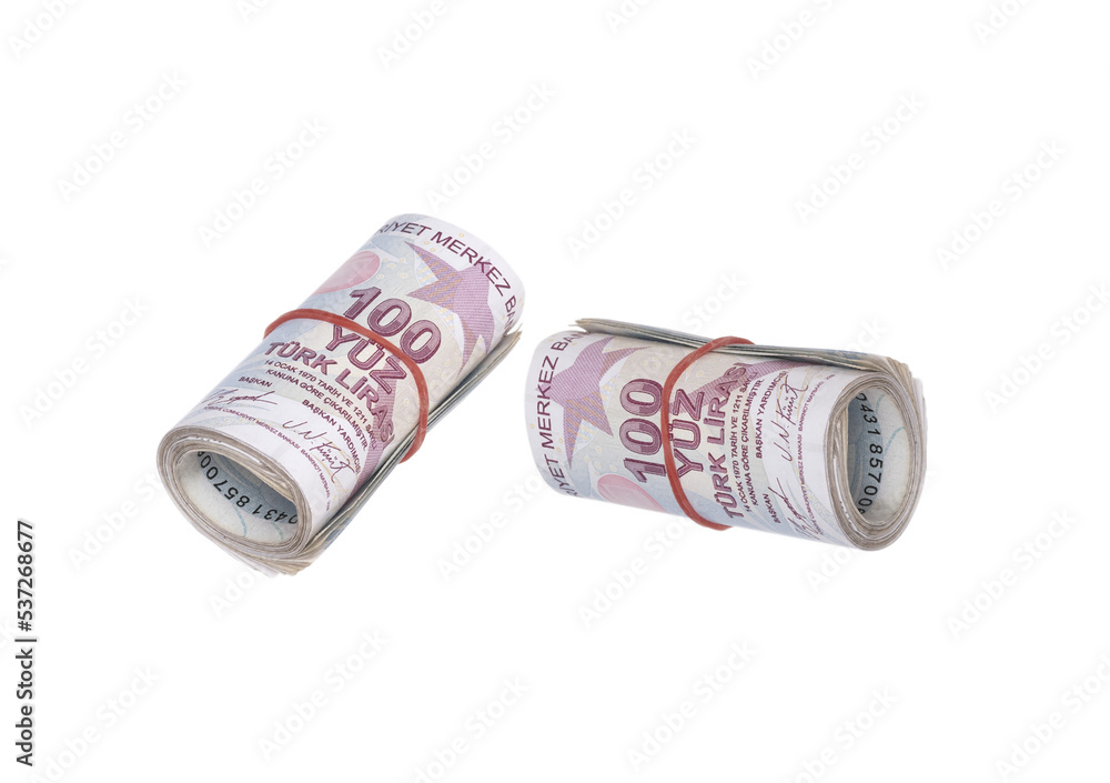Turkish lira on isolated white background top view Turkish lira on isolated white background top view