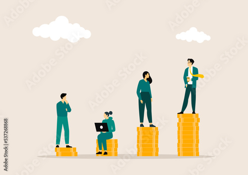 Businessman standing on highest coins stacking and shopper standing on lower coins pile for investment can make money and opportunity to richer. vector illustration concept.