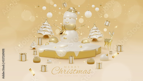 Luxury background with snowman on golden podium and snow elements with 3d realistic christmas ornaments and sparkling light effect decorations and bokeh. Vector illustration.