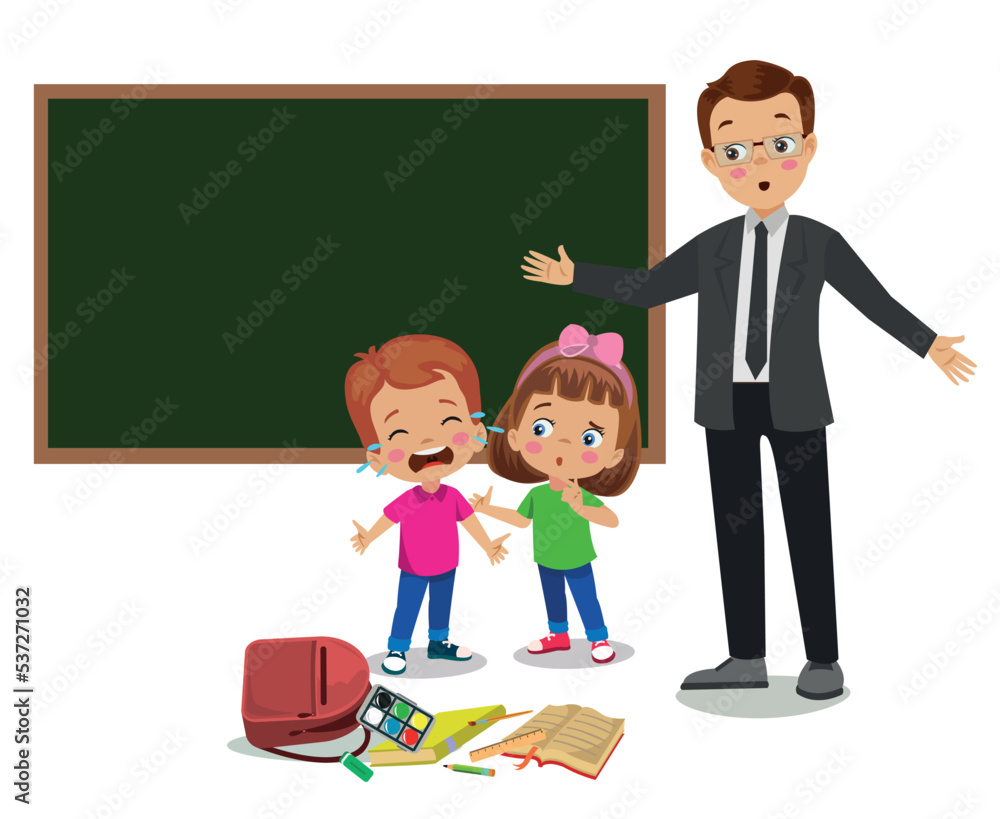 sad boy and confused teacher whose bag fell on the floor sad boy and confused teacher whose bag fell on the floor