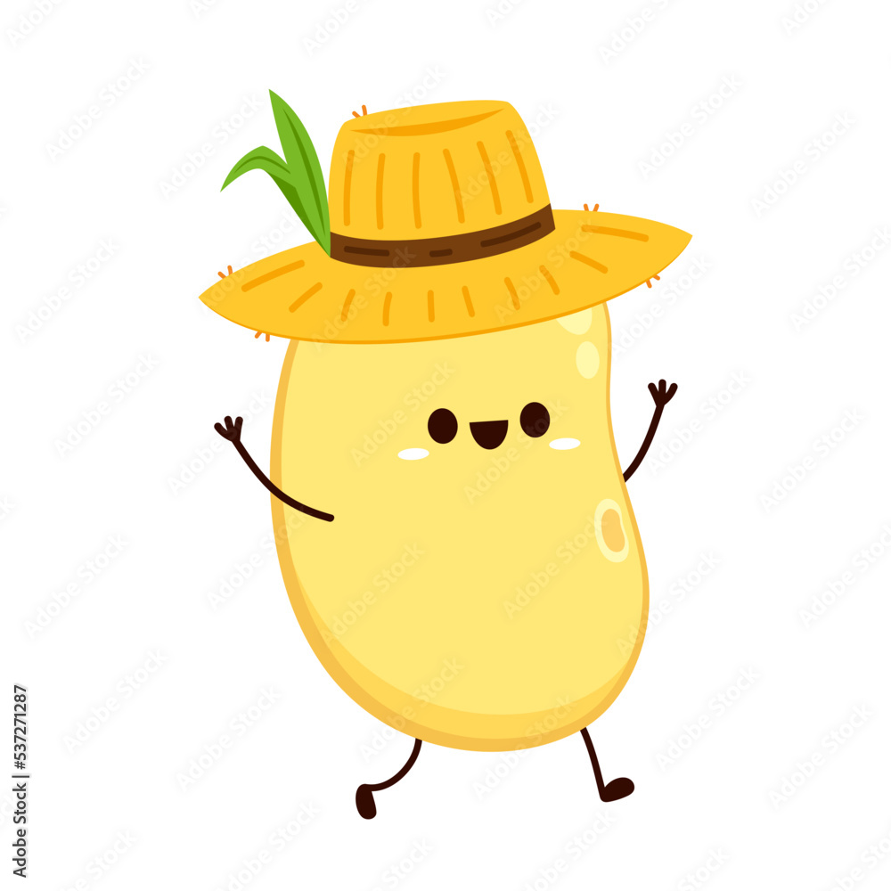 Soybean vector. Soybean character design. Soybean cartoon in farmer hat.