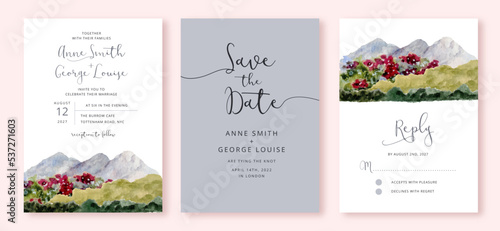 wedding invitation set with mountain view watercolor landscape