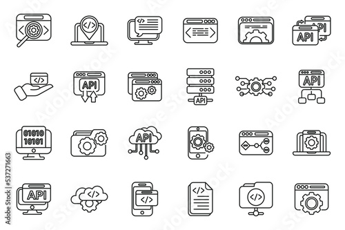 API icons set outline vector. Code develop. Computer software