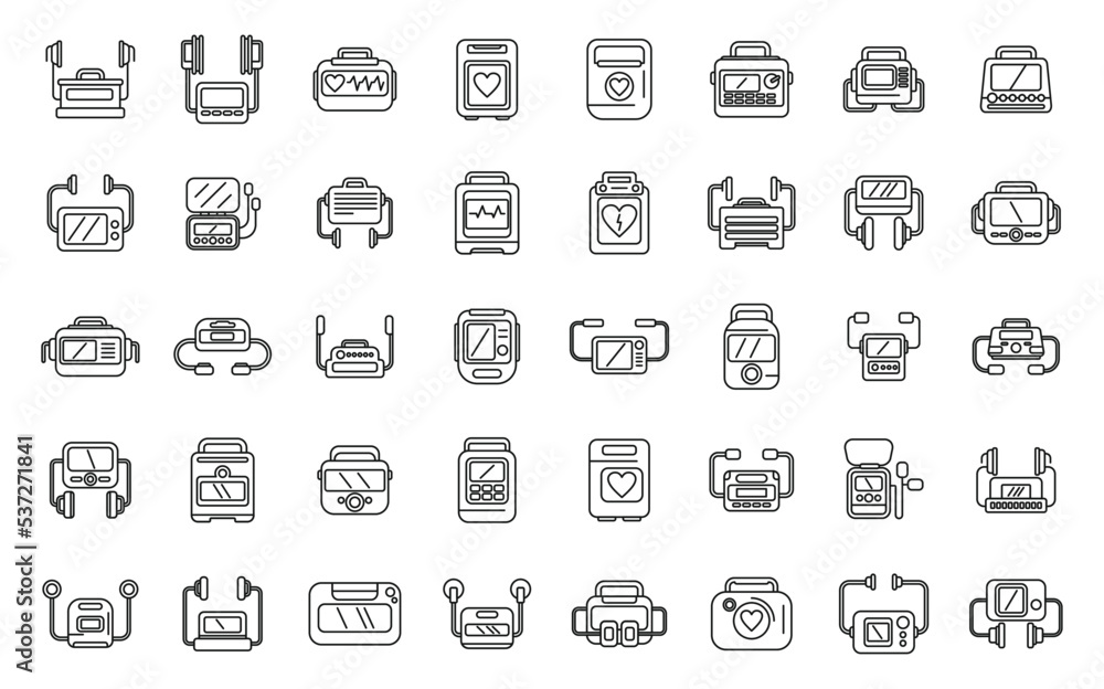 Defibrillator icons set outline vector. Aid ambulance. Automated electric Defibrillator icons set outline vector. Aid ambulance. Automated electric