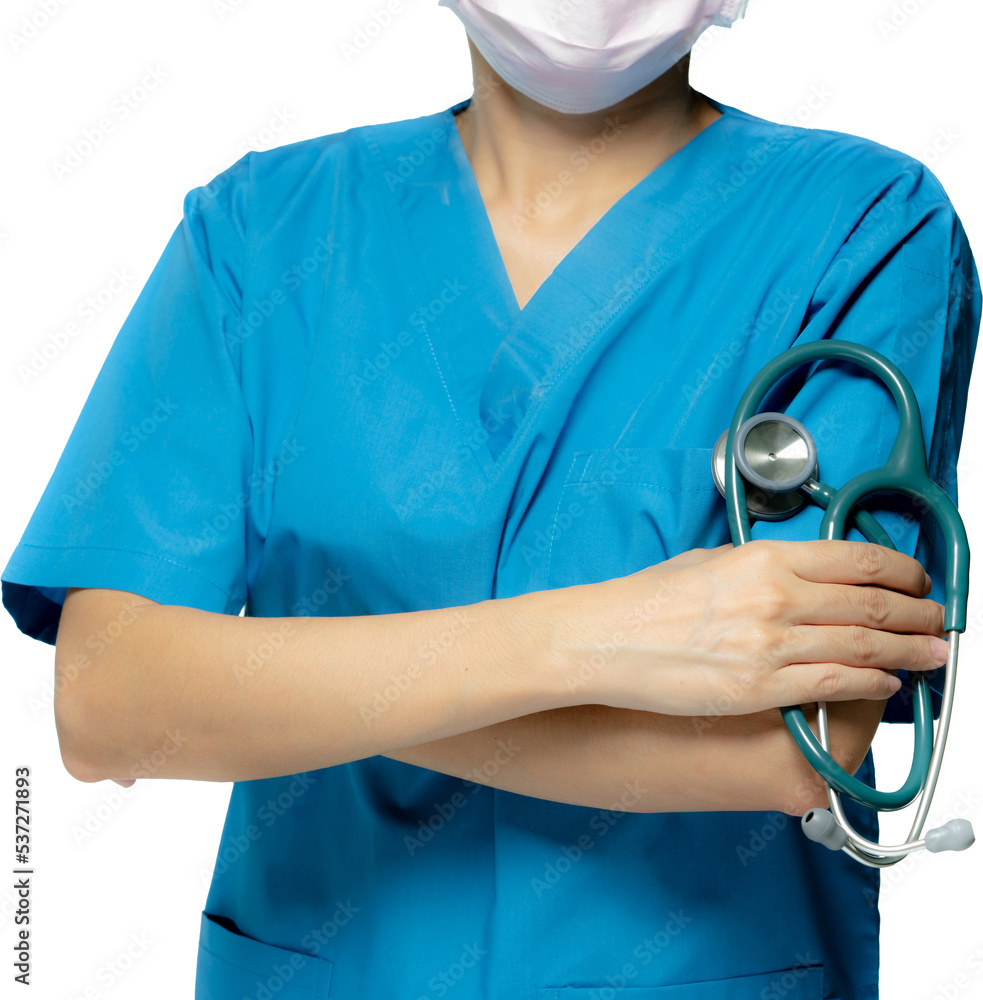 Surgeon doctors or nurses wear blue scrubs uniforms and pink face mask
