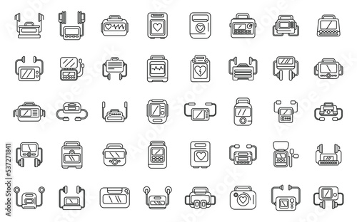 Defibrillator icons set outline vector. Aid ambulance. Automated electric