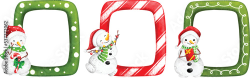 Watercolor Illustration set of Christmas frame with snowman