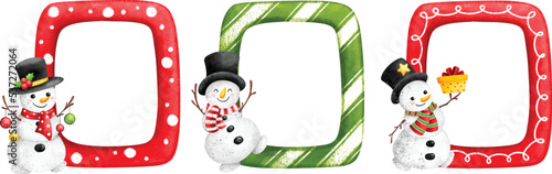 Watercolor Illustration set of Christmas frame with snowman